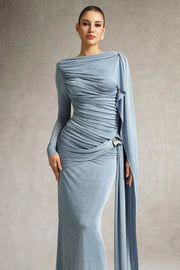 Robe longue Tihila froncée à manches longues bleu